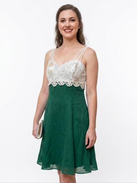 Dollar USA Dresses & Skirts - Vintage Green Chiffon Dress with Ivory Lace Bodice Size Small